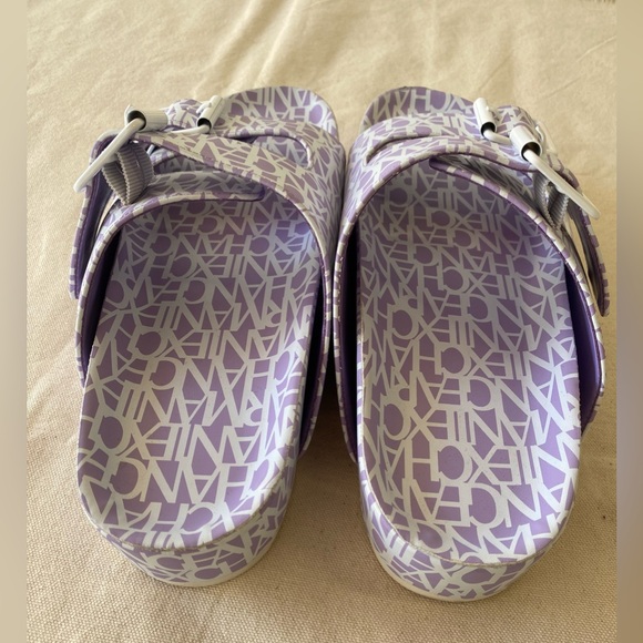 Armani Exchange Dual Strap Flat Slide Sandals Violet Purple Branded Print 9 - Picture 8 of 11